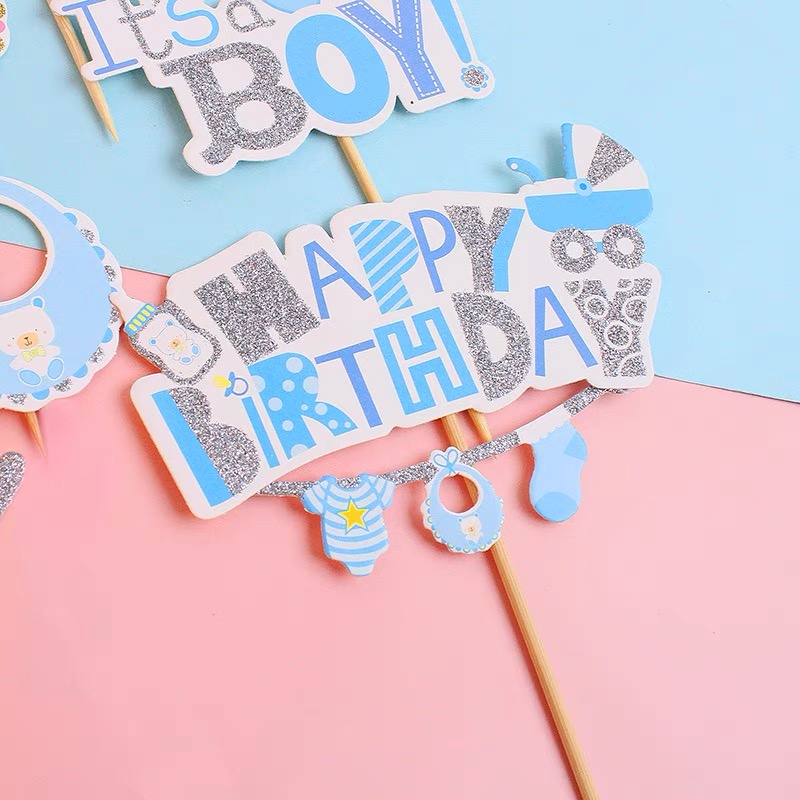 Set que cắm It's boy + gấu + HPBD quần áo xanh - Phụ kiện trang trí bánh sinh nhật