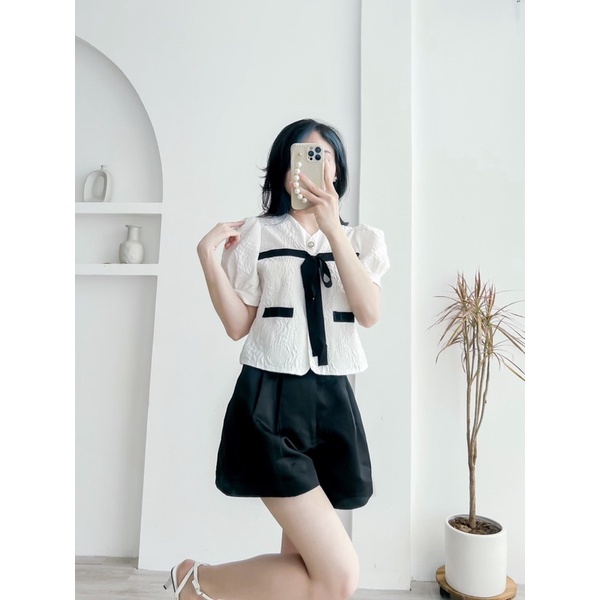 Áo cộc xốp phối nơ 2 màu siêu Hot_163
