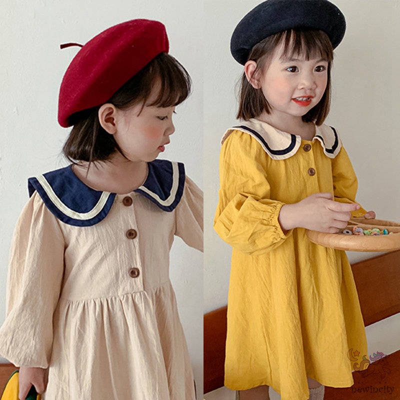 Đầm Bé Gái Tay Dài Cổ Thủy Thủ Phong Cách Hàn Quốc