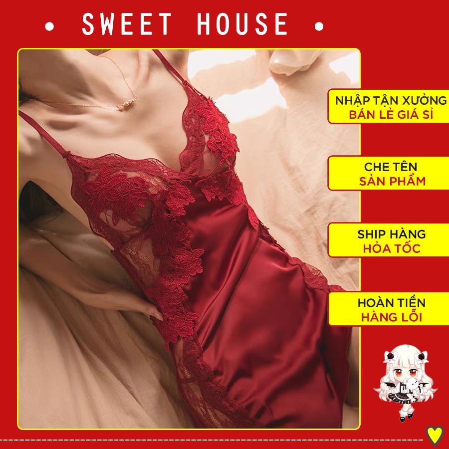 Váy Ngủ Lụa Giá Rẻ Phối Ren - Ren Ngực Đặc Biệt - Eo Ren 2 Dây Sexy Gợi Cảm + Quần Chip Lọt Khe Sweet House VN03
