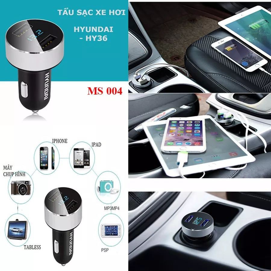 Tẩu sạc chính hãng hyundai cho ô tô HY36 có 2 cổng cắm USB sạc nhanh siêu tốc.