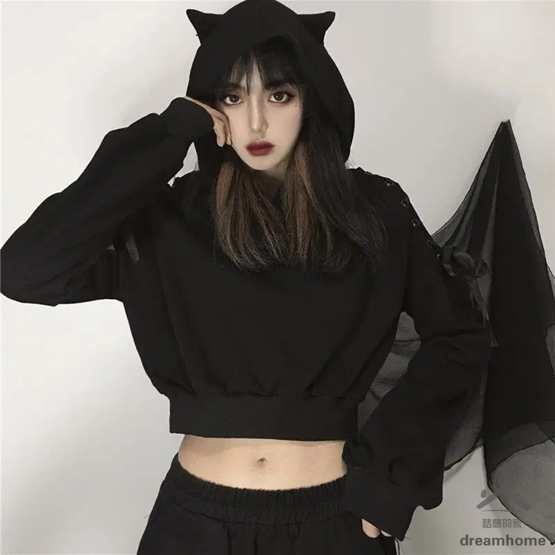 Áo Hoodie Màu Đen Dáng Rộng Phối Tai Mèo Dễ Thương Phong Cách Harajuku Cho Nữ