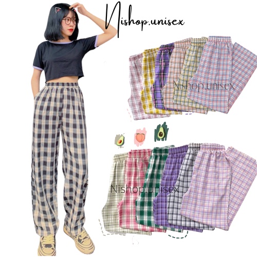 Quần caro ống rộng unisex 16 màu lưng thun
