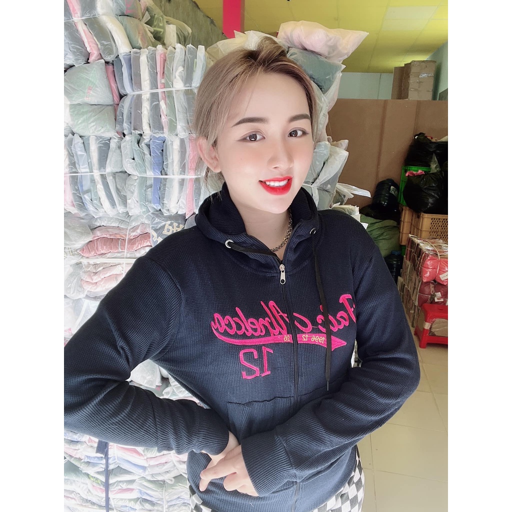 Áo khoác nữ có nón chất thun gân tăm mềm mát co giãn lên phom siêu ôm dáng phối sọc dễ thương