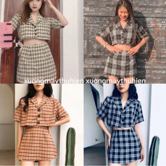 Set váy kẻ vintage / Set áo croptop mix chân váy kẻ siêu xinh