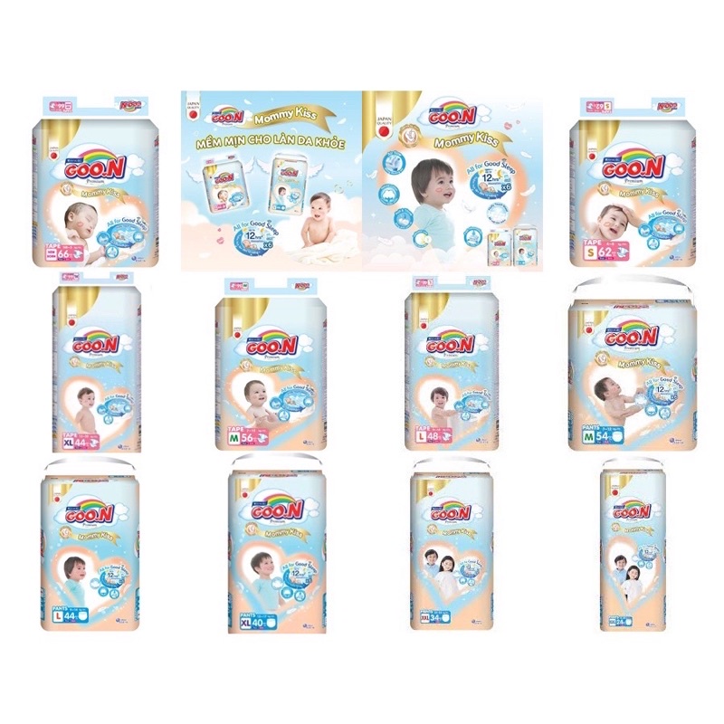 Bỉm Goon Mommy Kiss mẫu mới dán,quần s62,m56,l48,xl44,M54,L44,XL40,XXL34,XXXL24