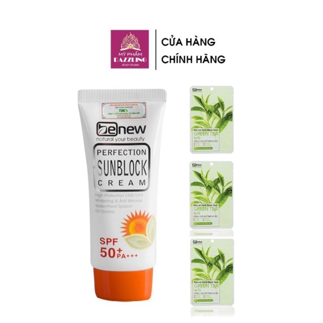 Combo Kem Chống Nắng Benew Nâng Tone Da + 3 Mặt Nạ Trà Xanh Benew