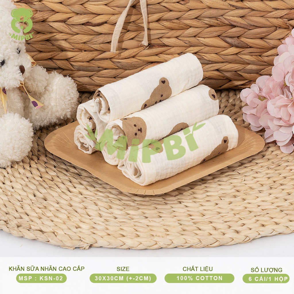 Hộp 6 chiếc khăn sữa nhăn Mipbi 2 lớp cao cấp 100% từ sợi tre kt 30x30 cm