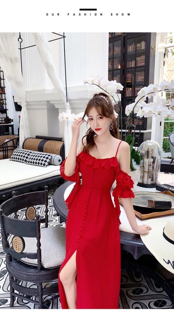 [Hàng sẵn🌈] Váy maxi đỏ tay bèo 2 dây xẻ tà đi biển chụp hình siêu đẹp ạ | BigBuy360 - bigbuy360.vn
