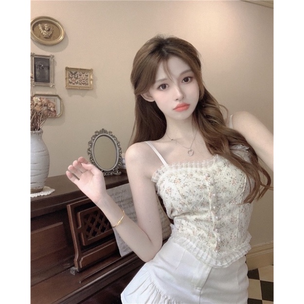 Áo 2 Dây Nữ Ren Hoa Tiểu Thư Đính Hạt Viền Bèo, Chun Sau Dáng Croptop Siêu Sang Chảnh Có Mút Ngực 1202 chất đẹp, thoáng