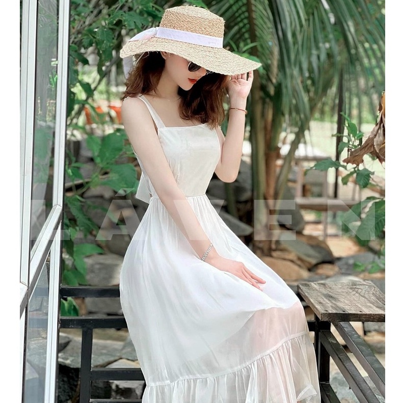Maxi Đi Biển Dự Tiệc,đầm Voan Trắng Thiết Kế 2 Dây Dáng Xòe Dài Cột Nơ Lưng Sang Chảnh Thời Trang [XM MINH PHÚC]
