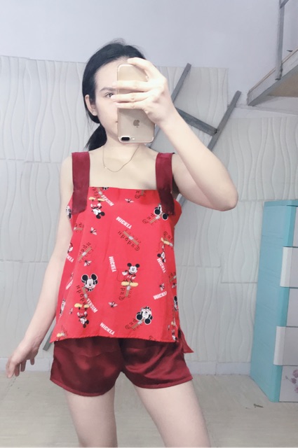 Set hai dây bản to quần đùi lụa satin cao cấp thiết kế