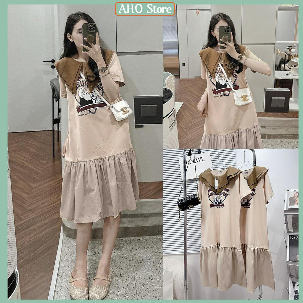 Váy Nữ Dáng Suông Cổ Thuỷ Thủ In Chữ Nổi Đầm Nữ Ngắn Tay Mix Chân Váy Xẻ Dáng Rộng Freesize