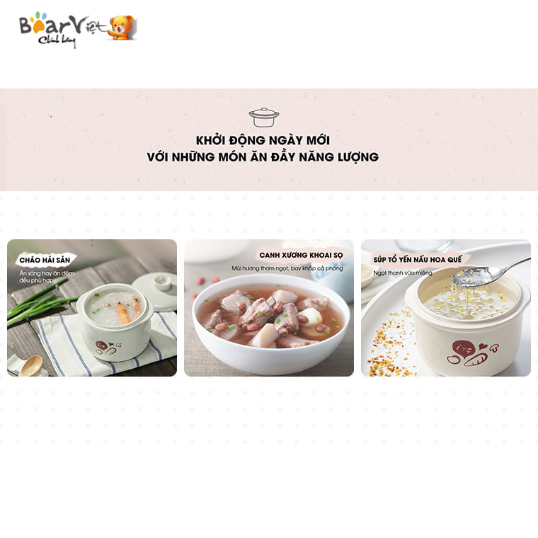 NỒI NẤU CHÁO, NINH, HẦM, HẤP CÁCH THUỶ 6 IN 1, Nồi Nấu Chậm Đa Năng 2 Tầng BEAR 0,8L SUBE001 [Hàng Chính Hãng]