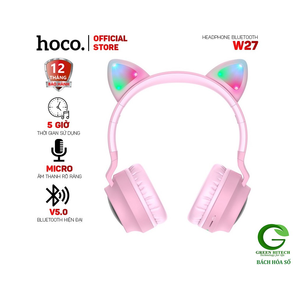 Tai Nghe Chụp Tai Bluetooth Hoco W27 - Tai Mèo Phát Sáng - Hàng Chính Hãng