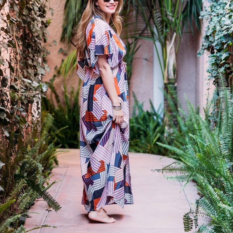 Bộ Đồ Bơi Bikini Tay Lửng In Họa Tiết Hình Học Nhiều Màu Phong Cách Boho Có Dây Rút Thời Trang Mùa Hè