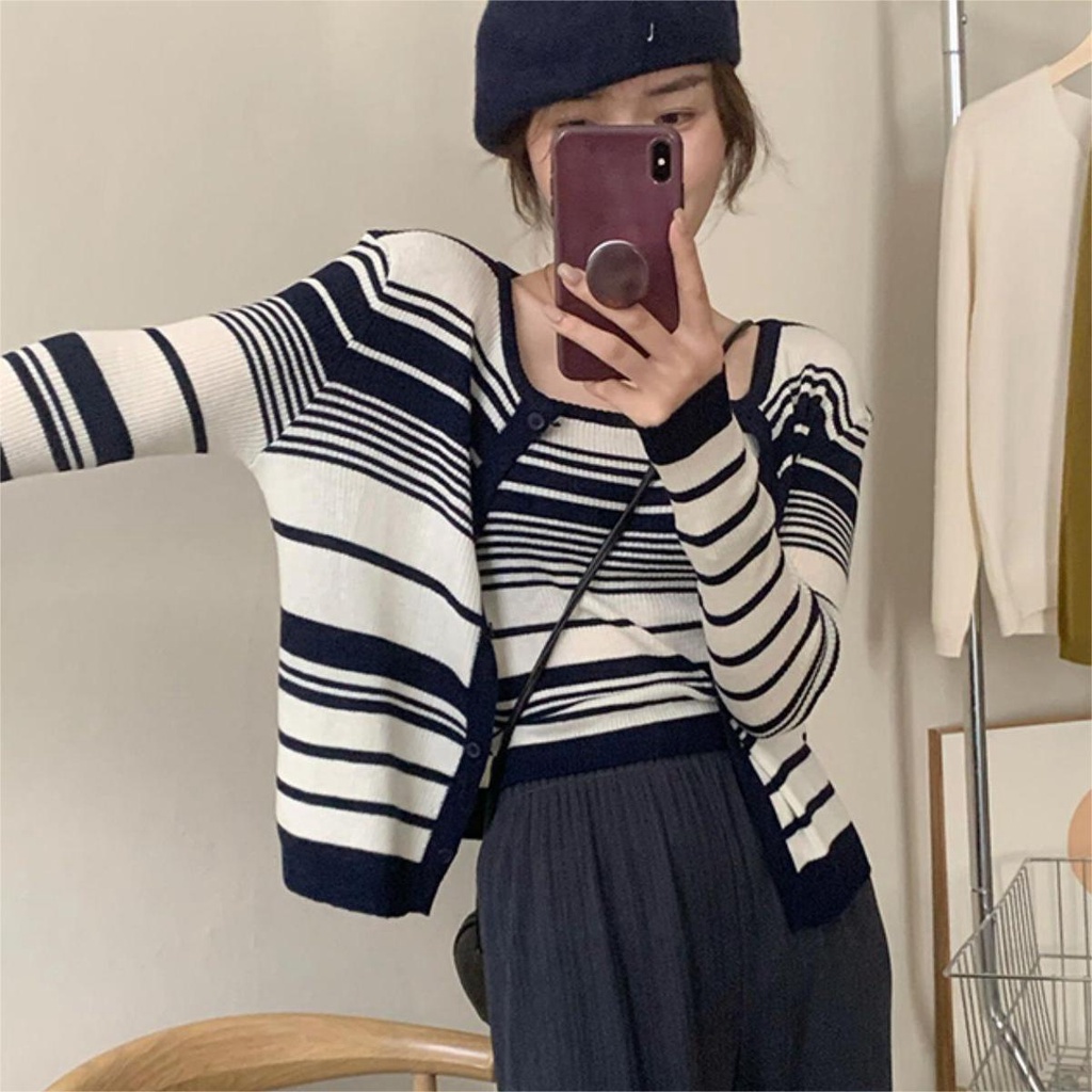 【ZHELIHANGFEI】Áo Cardigan Dệt Kim Không Tay Lưng Cao Họa Tiết Kẻ Sọc Thời Trang Cho Nữ