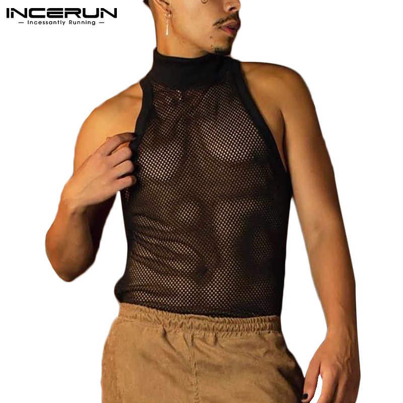 Áo thun lưới INCERUN không tay cổ lọ màu đen dành cho nam
