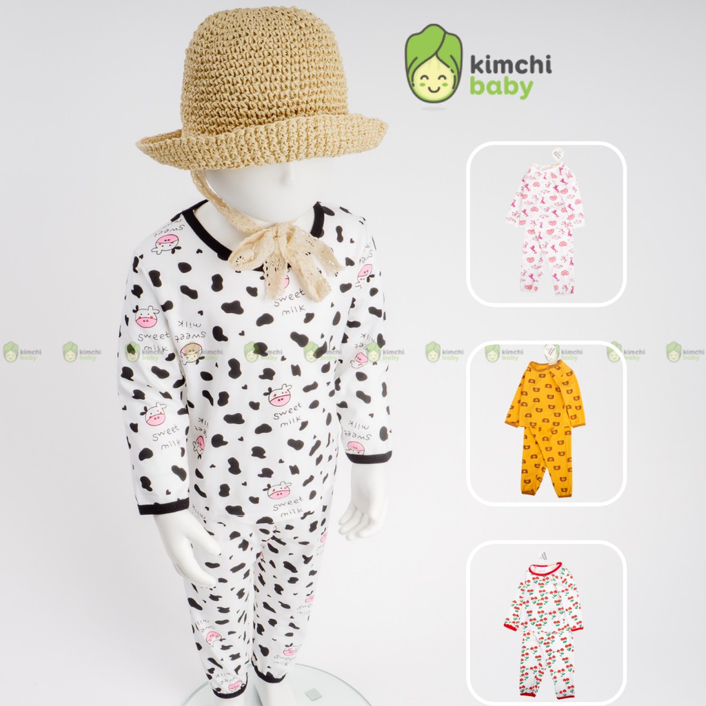 Bộ Dài Tay Cho Bé Gái, Bé Trai Minky Mom Vải Cotton 100%  Hoạ Tiết Bò Sữa Cherry, Bộ Quần Áo Trẻ Em Thu Đông MKMTD2136