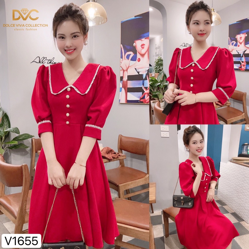 Váy xòe đỏ tay lỡ V1655 - ĐẸP SHOP DVC ( Ảnh mẫu và ảnh trải sàn do shop tự chụp )