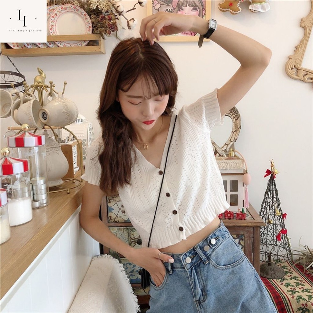 Áo croptop nữ kiểu cardigan dệt kim  tay ngắn cổ tim chữ V dáng ôm body  phong cách Hàn Quốc cá tính Liao shop | BigBuy360 - bigbuy360.vn