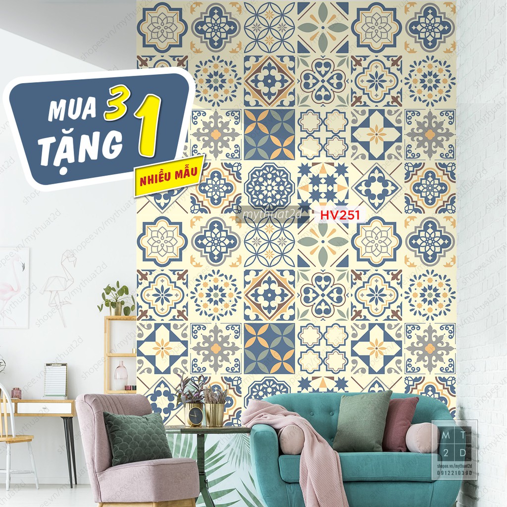 Decal gạch bông dán bếp dán tường, màu Vintage tiles, 120x60cm/set, Mua 3 Tặng 1