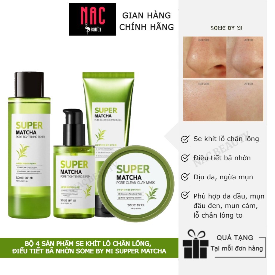 Bộ Sản Phẩm Se Khít Lỗ Chân Lông, Điều Tiết Bã Nhờn Some By Mi Super Matcha (Cleansing +Clay Mask+Toner +Serum)