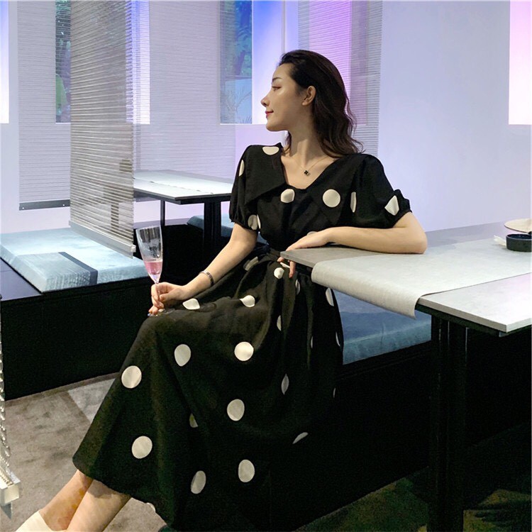 Váy Tiểu Thư Chấm Bi Dáng Dài Nơ Buộc Eo Xinh Xắn | BigBuy360 - bigbuy360.vn