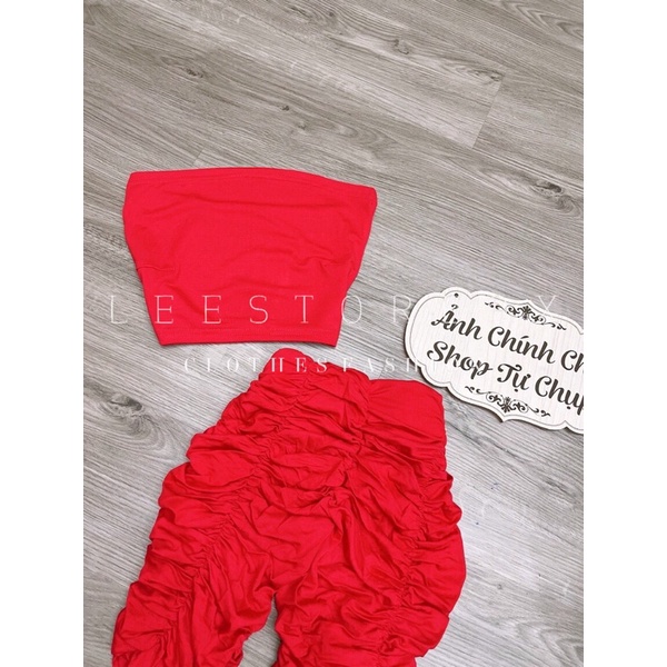 Set áo ống quần ngố nhún 3 màu đỏ, trắng,nâu kèm ảnh thật