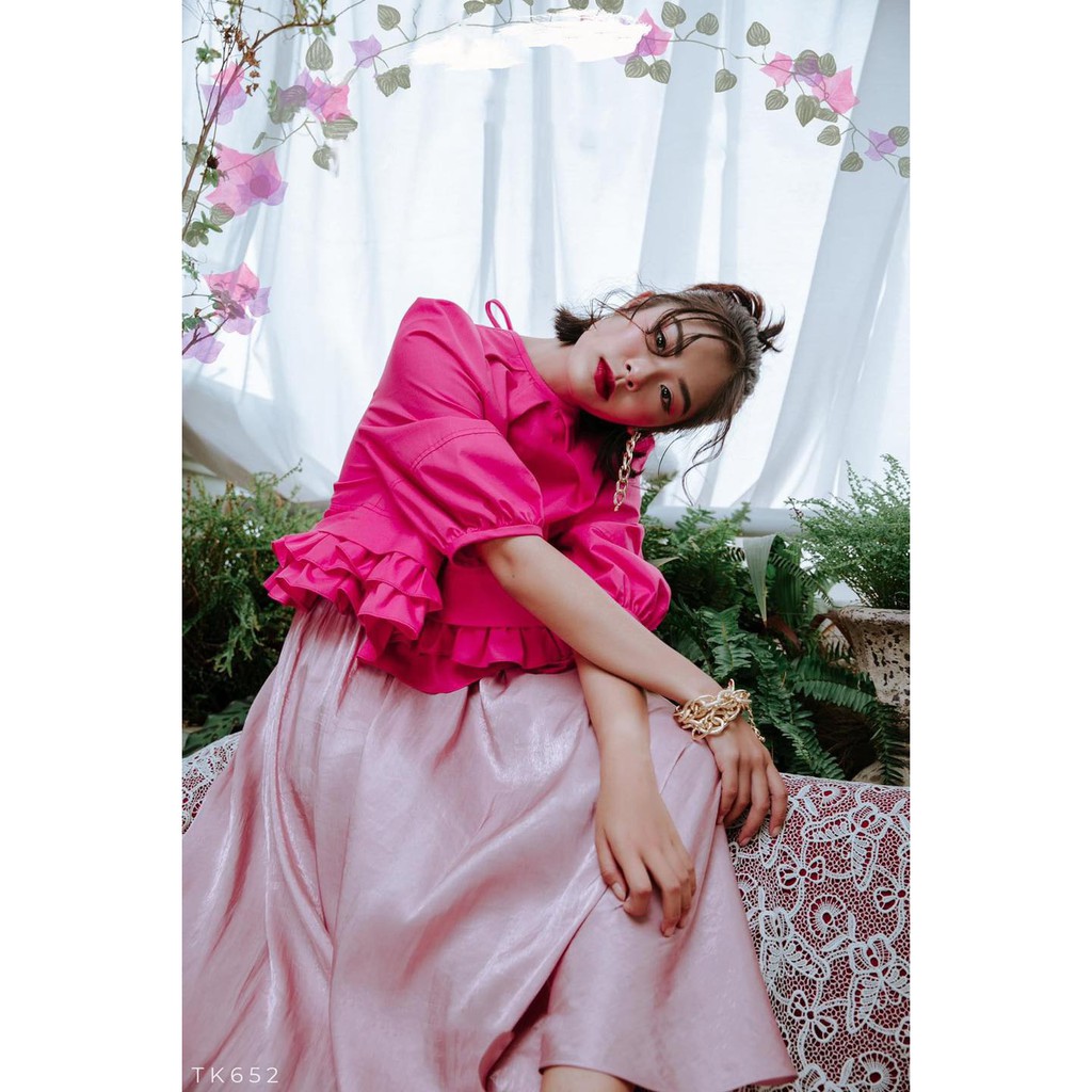 [HÀNG THIẾT KẾ CAO CẤP] ÁO Babydoll Tay Phồng Cột Nơ Lai Bèo Dễ Thương Đi Học / Đi Tiệc Màu Vàng