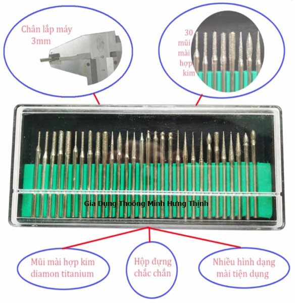 Bộ 30 mũi mài khắc chân 3mm dùng cho máy khoan mài mini