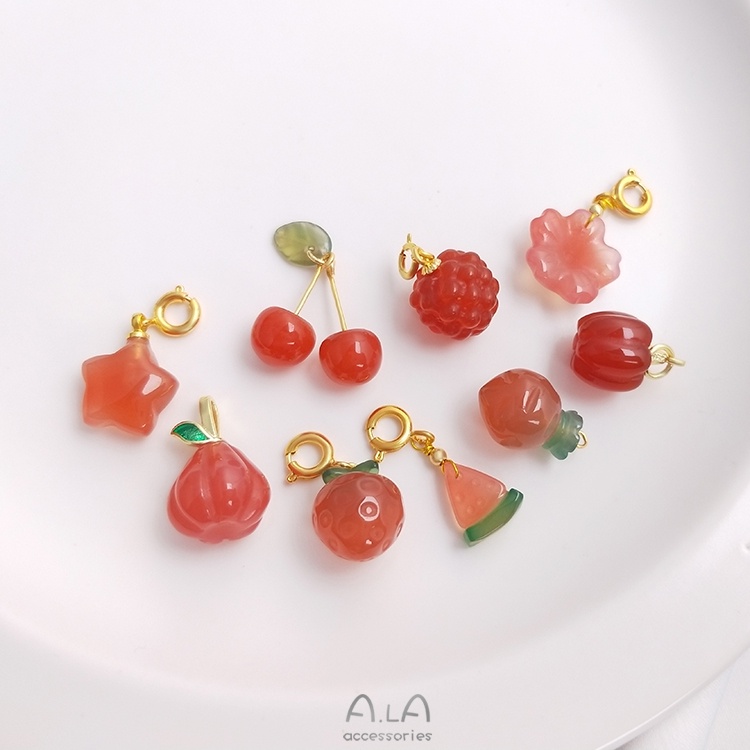 █A.ιA゜14K Vàng●1 Miếng°Mặt Dây Chuyền Đá Mã Não Tự Nhiên Hình Trái Cây Dễ Thương