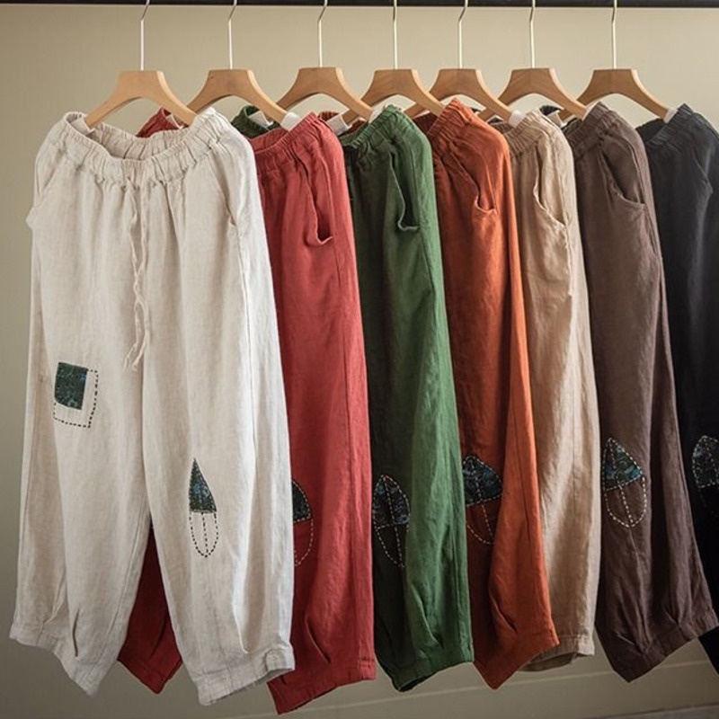 Quần Dài Vải Lanh Cotton Thêu Họa Tiết Cá Tính 175582 Quần Harem Ống Thẳng Phong Cách Retro Thời Trang