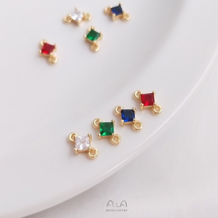 █A.ιA゜14K Vàng●1 Miếng°Phụ Kiện Treo Trang Sức Thủ Công Hình Vuông Màu Vàng 14k Đính Đá Zircon Xanh Lam Sang Trọng