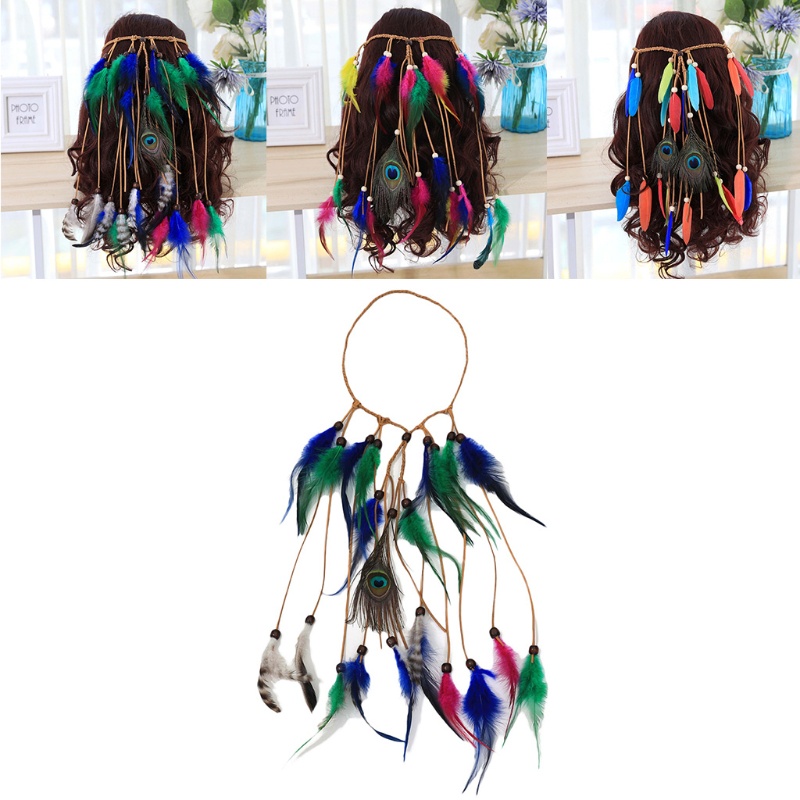 Băng Đô Bện Tóc Phối Lông Vũ Tua Rua Phong Cách Ấn Độ Bohemian