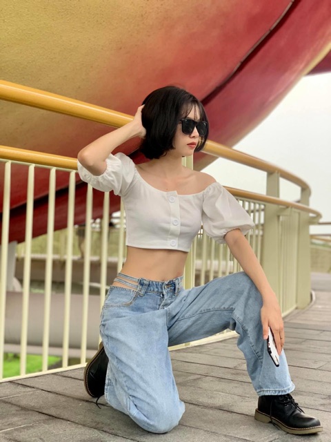 Quần jeans cạp cao điểm nhấn dây eo tôn dáng, hàng quảng châu QJ001