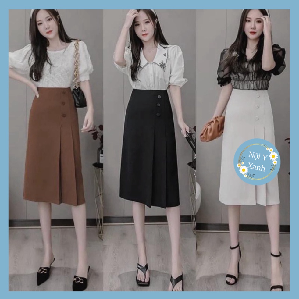 Chân váy công sở dài phối cúc_MJK001 chất siêu mát, co dãn, mầu đen trắng