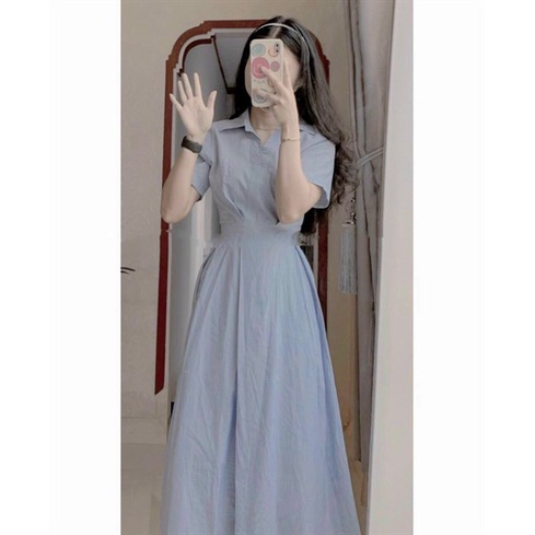 Đầm sơ mi sọc xanh dáng dài