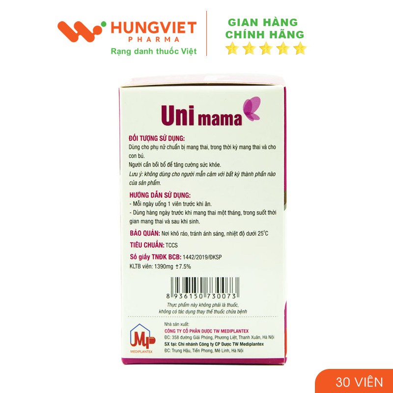 UNIMAMA - Bổ sung DHA, Vitamin và khoáng chất cho phụ nữ mang thai (lọ 30 viên) | Thế Giới Skin Care