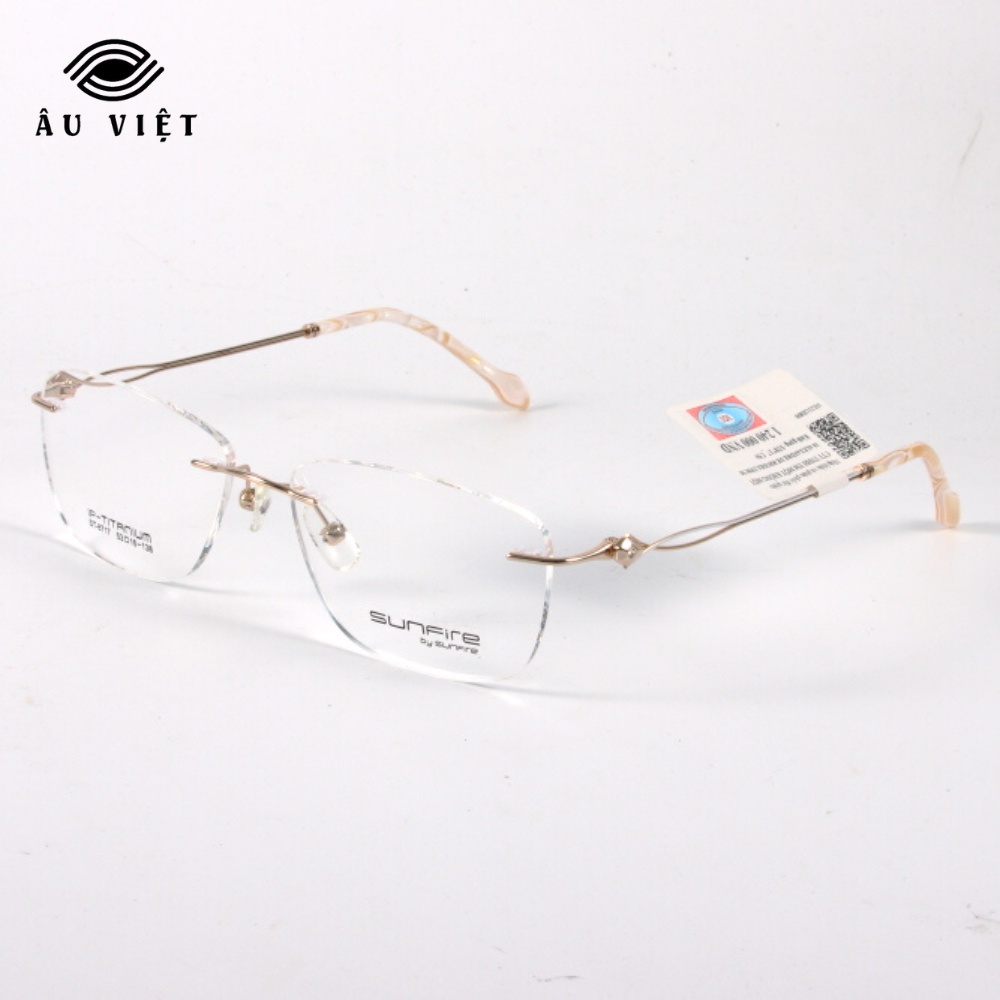 Gọng kính khoan nữ kim loại titanium dáng vuông chữ nhật Sunfire ST-8717 vân đá trắng/hồng Full box