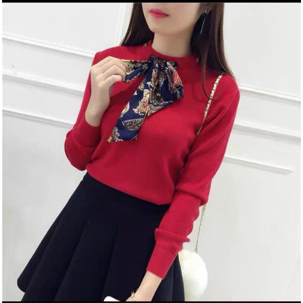 Áo thun gân cổ lọ tay dài phối nơ ruy băng nữ tính TTSLA0564