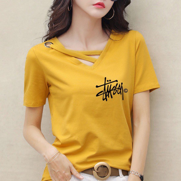 Áo thun tay ngắn cổ chữ V dáng rộng in chữ có size ngoại cỡ phong cách Hàn Quốc thời trang cho nữ