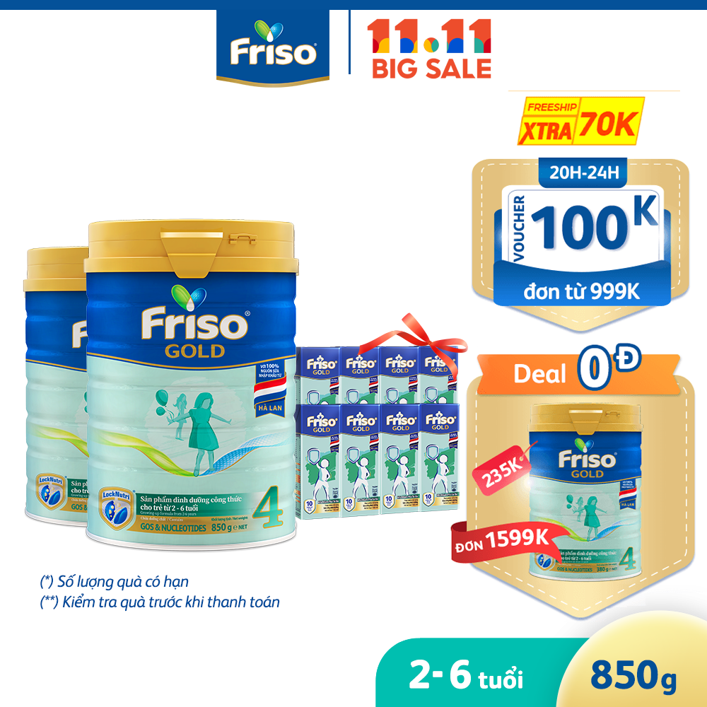 [MKBMFRISO -10% đơn 600K][Tặng 2 lốc RTD 180ml] Combo 2 Lon Sữa Bột Friso Gold 4 850g/lon (Dành Cho Trẻ Từ 2 - 6 Tuổi)