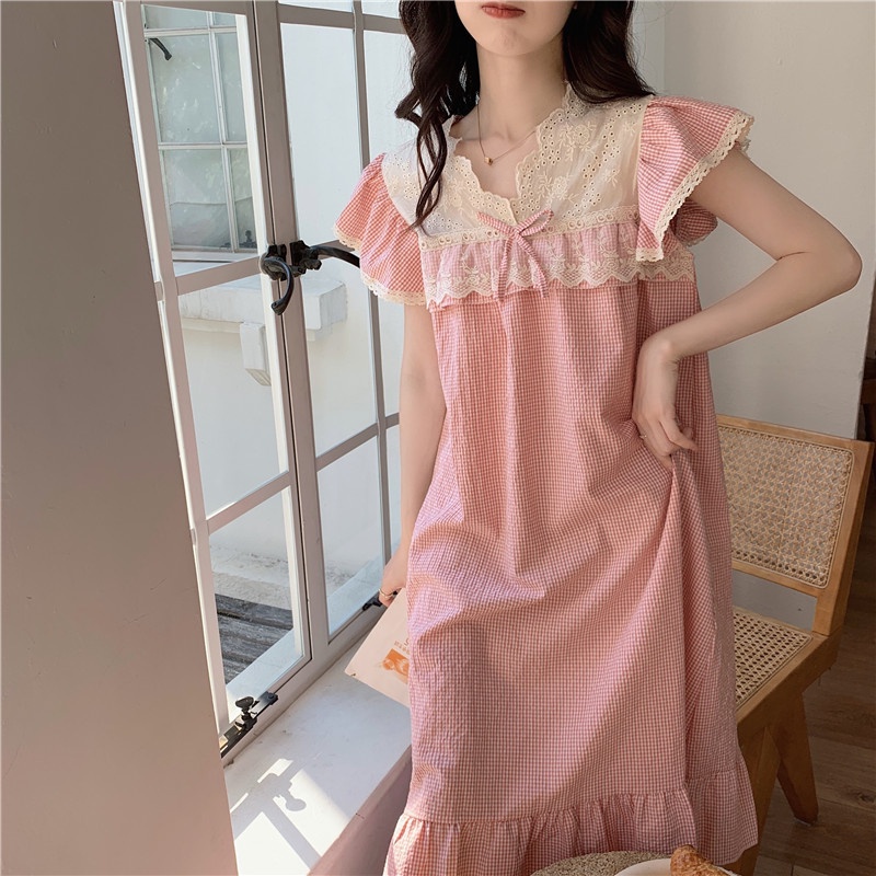 Set váy thô nữ mặc nhà tay phồng caro hồng quảng châu