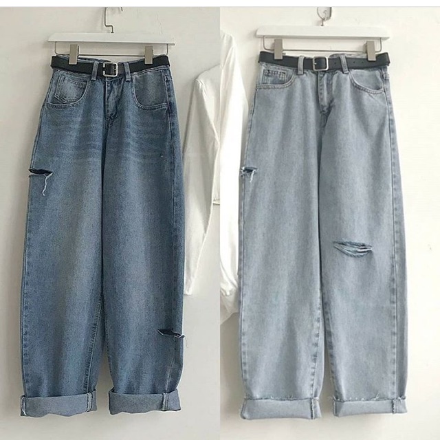 Baggy Jeans Ống Rộng Tua Lai Rách PT