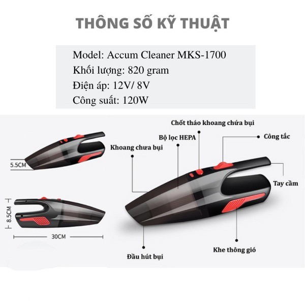 Máy Hút Bụi Ô tô Mini Cầm Tay Không Dây R-6053 - Đen Đỏ  (Bảo Hành 12 Tháng)