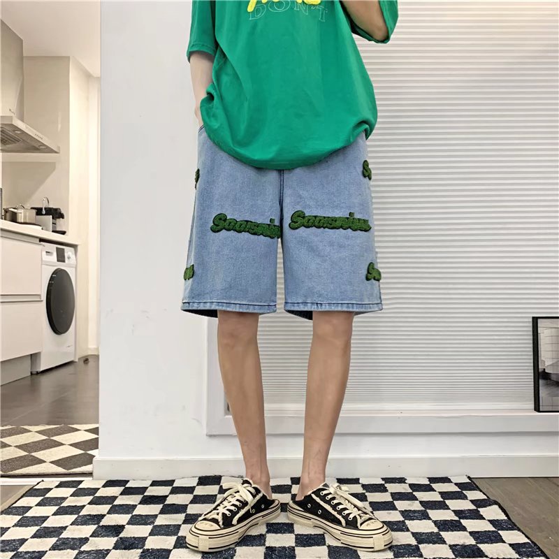 Quần Short Jean Ống Rộng Thêu Chữ Thời Trang Mùa Hè Dành Cho Nam