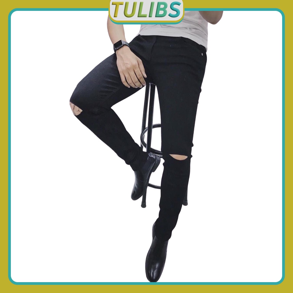Quần jean nam rách gối co giãn cao cấp đen trơn ống côn skinny Tulibs DN03