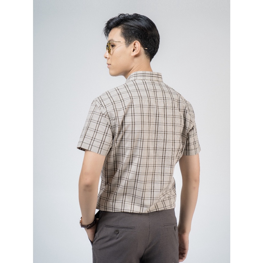 Áo sơ mi nam ngắn tay OWEN AR220128NT somi công sở vải sợi tre cao cấp màu caro nâu trắng ghi dáng suông tà lượn có túi