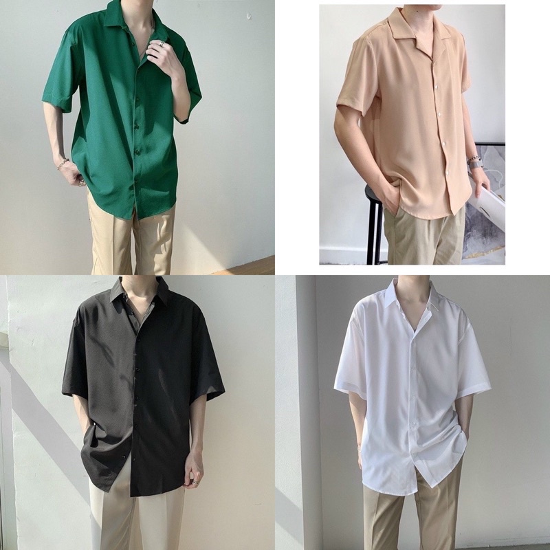 Áo sơ mi nam form rộng tay ngắn cổ vest vải lụa mềm – Unisex 2022